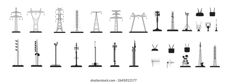 Coleção de torres de comunicação e internet. Antenas, roteadores e linhas de energia em um estilo realista detalhado.