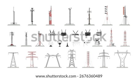 Collection of communication and internet towers. Antennas, routers and power lines in a detailed realistic style.