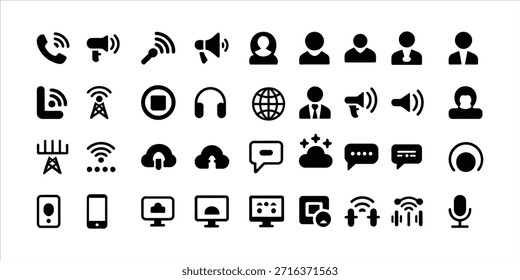 Collection of communication and media vector icons representing diverse forms of connection and interaction with global internet access and digital technology for modern lifestyle