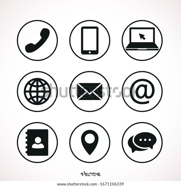 Collection of communication\
symbols. Contact, e-mail, mobile phone, message icons. Vector\
illustration