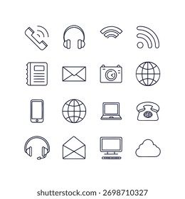Colección de iconos de comunicación y tecnología aislados sobre fondo blanco