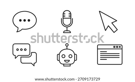 Collection of communication tool icons. Includes icons as chat, microphone, cursor, chatbot and website page design. Thin line style vector, graphic resource.