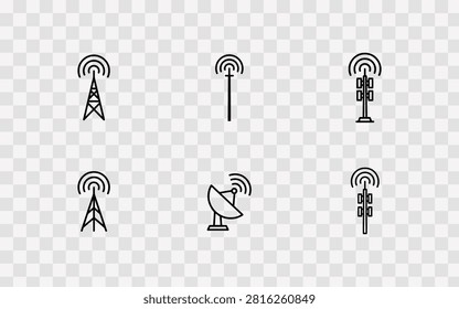 Collection of communication tower and antenna icons, including radio masts, cellular towers, and satellite dishes