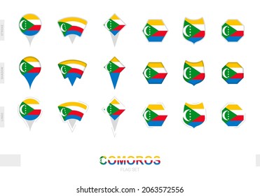 Collection of the Comoros flag in different shapes and with three different effects. Vector flag set.
