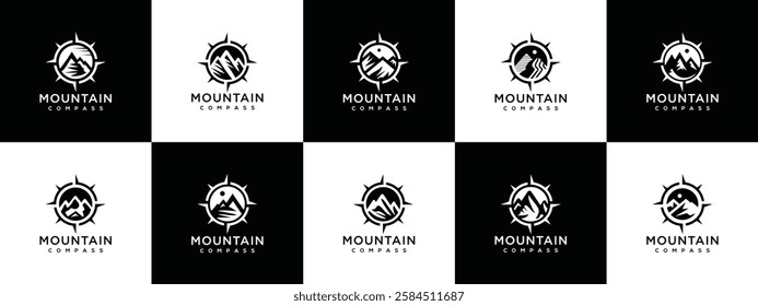 Collection of compass mountain logo designs. Compass logo template with mountain. Adventure logo symbol icon