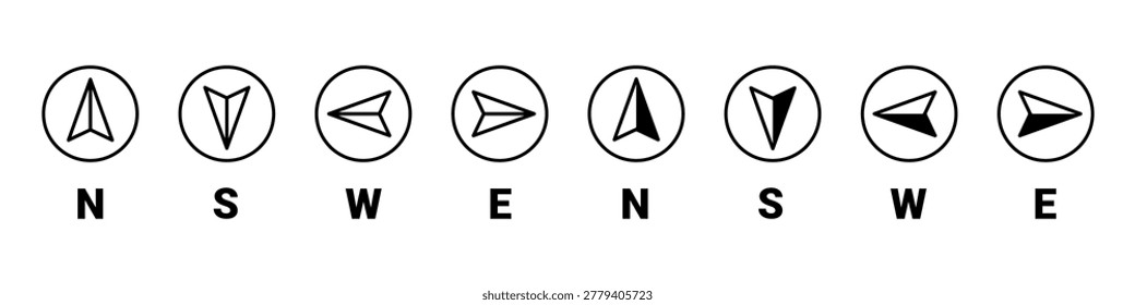 Collection of compass rose pointers indicating north south east and west directions in solid and outline style. vector illustration