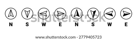 Collection of compass rose pointers indicating north south east and west directions in solid and outline style. vector illustration