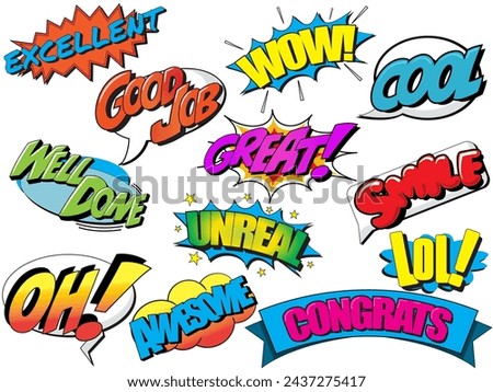 Collection of complementary or expressive words in a retro comic book style