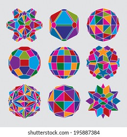 Collection of complex dimensional spheres and abstract geometric figures with white outline. Kaleidoscope effect.