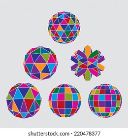 Collection of complex dimensional spheres and abstract geometric figures with white outline. Kaleidoscope facet.