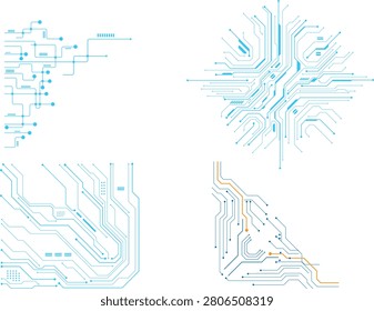 Collection of complex electronic circuit board pathways and digital connection nodes designed for modern technological infrastructure and cyber space graphic assets.