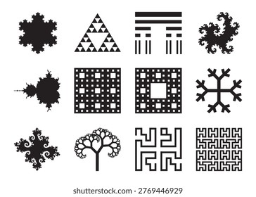 Collection of complex fractal geometric patterns illustration, including Mandelbrot set, Sierpinski triangle, Koch snowflake, and other abstract designs.