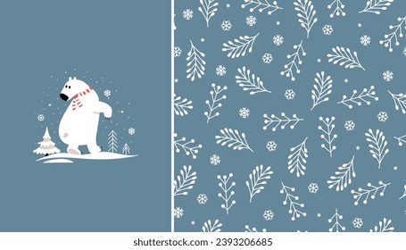 Kollektion mit der Zusammensetzung des süßen Eisbären mit einem Schal und nahtlosen Muster mit Winterpflanzen. Vektorgrafik für Kinder. Perfekt für Verpackungspapier, Wintergruß oder Webseitenhintergrund