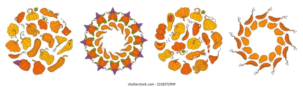 Collection of composition in simple flat style. Autumn design template, hand drawn pumpkins, flat vector illustration