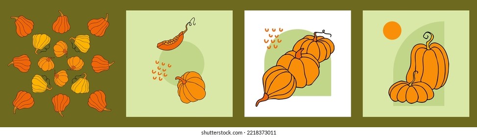 Collection of composition in simple flat style. Autumn design template, hand drawn pumpkins, flat vector illustration