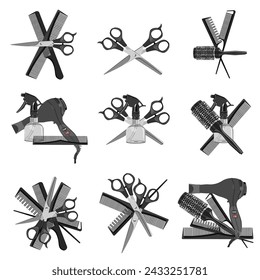 Collection of compositions for beauty salons, hairdressers, isolated on a white background. Vector set of logos from combs, hair dryer, scissors, spray bottle.