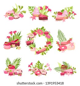 Collection of compositions from flowers and sweets. Vector illustration on white background.