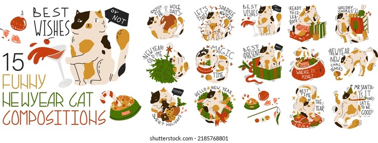 Collection compositions with funny Christmas cat. Humorous phrases. New year stickers with cute adorable kitty. Greeting card for holiday party. Poster, print. Flat style in vector illustration