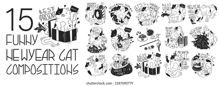 Collection compositions with funny Christmas cat. Humorous phrases. New year stickers with cute adorable kitty. Greeting card for holiday party. Poster, print. Flat style in vector illustration