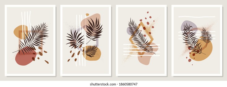 Collection of compositions with geometric shapes and exotic tropical leaves in pastel colors, trendy minimalistic vector posters, for wall decoration and cover design