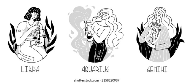 Collection of compositions with girls in the form of zodiac signs. The element of air. Astrology. Fashion women. Lovely, modern girls in daring images. Flat style in vector illustration.