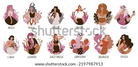 Collection of compositions with girls in the form of zodiac signs. Drawing up a horoscope in astrology. Fashion women. Lovely, modern girls in daring images. Flat style in vector illustration.