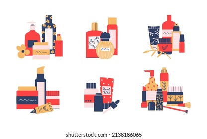 Collection of compositions with skincare accessories. Different sets of tubes, bottles, jars of woman cosmetics on a white background. Beauty and wellness products. Vector flat illustration