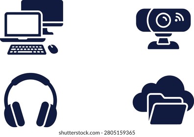 Collection of computer accessories including desktop, webcam, headphones, and cloud storage icons