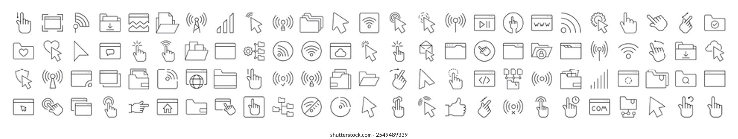 Coleção de Ícones de Linha Relacionados à Área de Trabalho do Computador. Traço editável para design, sites, aplicativos e cartões. Contém imagens lineares do cursor, ondas Wi-Fi, pastas, páginas da Web