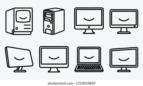 Colección de dispositivos informáticos y monitores con pantallas sonrientes de varios modelos