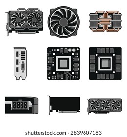 Collection of computer graphics processing unit components including fans heatsinks and circuit boards for technology and gaming.