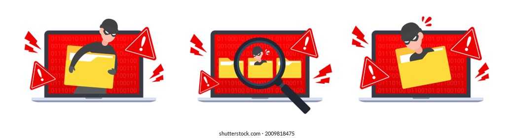 Collection Of Computer Hacking Icon. Emergency Alert Of Threat By Malware, Trojan, Or Hacker. Data Breach Or Identity Theft. Creative Antivirus Or Cybercrime Concept. Flat Style Vector Illustration.