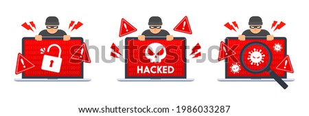 Collection of computer hacking icon. System error warning on laptop. Emergency alert of threat by malware, virus, trojan, ransomware, or hacker. Creative antivirus concept. Flat vector illustration.