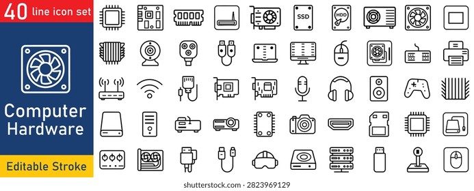 A collection of Computer Hardware icons set with editable stroke, including hard drive, RAM, webcam monitor, server, cpu. Thin linear vector illustration..