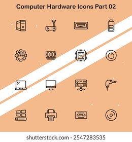 Coleção de ícones de hardware de computador mostrando componentes técnicos adequados para tecnologia e temas de TI.