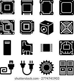 Collection of computer hardware and technology icons featuring processors memory and cooling components in minimalist style