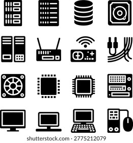Collection of computer hardware and technology icons featuring storage devices network components and peripherals