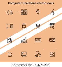 Collection of computer hardware vector icons showcasing technological devices and parts perfect for IT and tech themes.