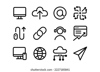 Collection of computer icon for digital technology. Simple stroke line art icon design