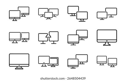 Collection of computer monitor icons depicting various configurations and arrangements in minimalist style