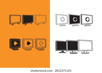 Collection of computer monitors with various icons on screens technology concept
