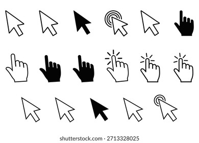 Colección de cursores de mouse de computadora y punteros de mano. Símbolos negros y de Hacer clic de contorno para la interfaz de Diseño web.