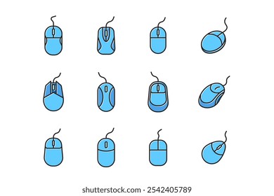 coleção de ícones de mouse ou laptop do computador no estilo de contorno preenchido em azul