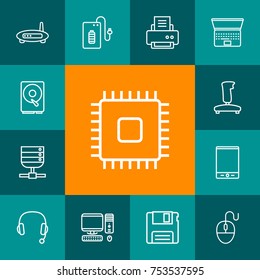 Collection Of Computer Mouse, PC, Headphone And Other Elements.  Set Of 13 Notebook Outline Icons Set. 