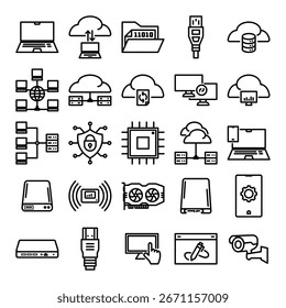 La colección de íconos de redes de computadoras muestra diferentes Elementos tecnológicos, adecuados para ilustrar servicios en la nube y conceptos de red.