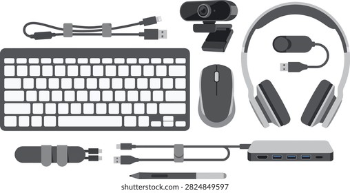 A collection of computer peripherals and accessories arranged on a white background.