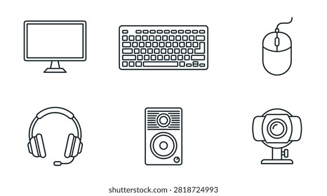Collection of computer peripherals and accessories icons in a clean line art style