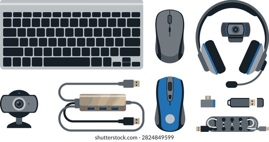 A collection of computer peripherals and office accessories isolated on a white background.