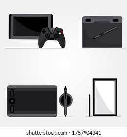 Collection of Computer, printer, sound box, laptop, video game, pad, touch pad, remote and other technology assets - Vector illustration 