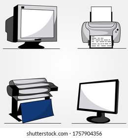 Collection of Computer, printer, sound box, laptop, video game, pad, touch pad, remote and other technology assets - Vector illustration 